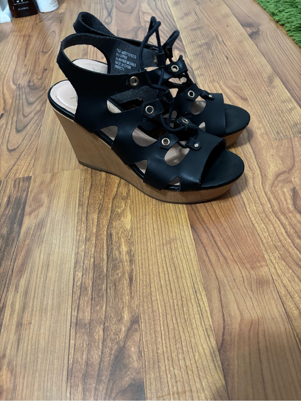 XOXO Black Lace-Up Wedge Sandals with Wood-Look Platform
